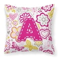 thumbnail image 1 of Letter A Flowers and Butterflies Pink Fabric Decorative Pillow, 1 of 2