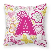 Letter A Flowers and Butterflies Pink Fabric Decorative Pillow