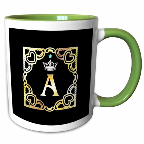 3drose, Letter A- Image of Monogram with Crown and Blue Star- Not Metal Foil, 11oz Two-tone Green Mug