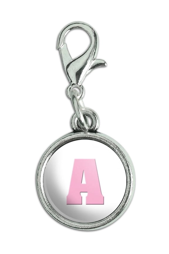 Letter A Initial Baby Girl Block Font Pink Shower Antiqued Bracelet Pendant Zipper Pull Charm with Lobster Clasp