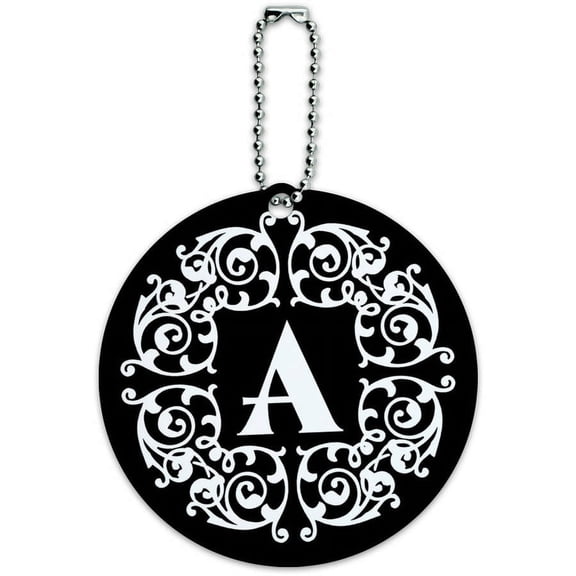 Letter A Initial Black White Scrolls Round Luggage ID Tag Card for Suitcase or Carry-On