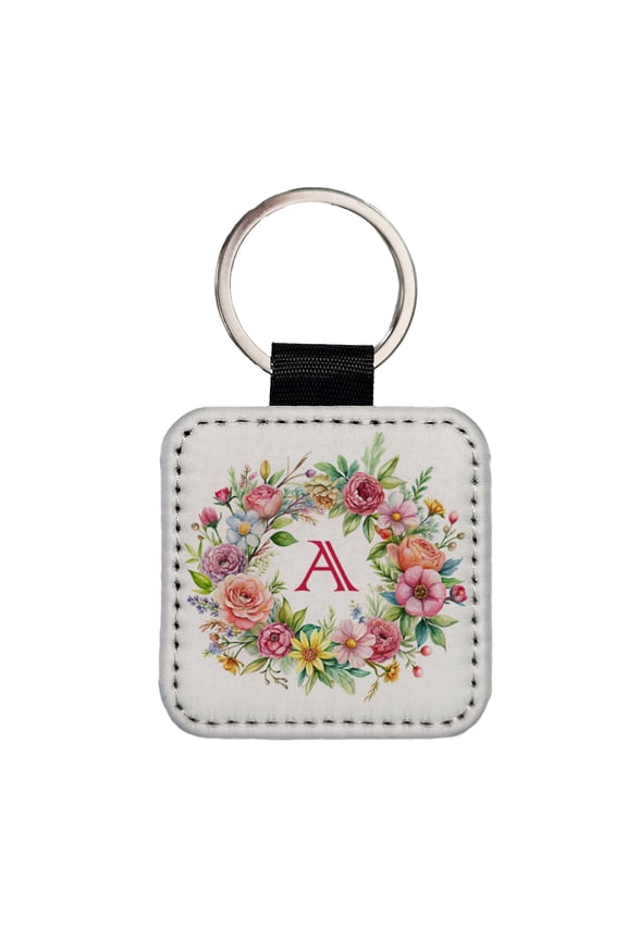 Letter A Initial Monogram Flowers Floral Faux Leather Square Keychain