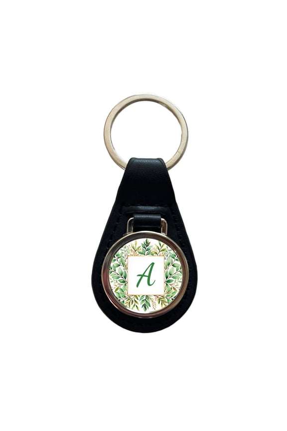 Letter A Initial Monogram Frame Leaf Metal Black Leather Keychain