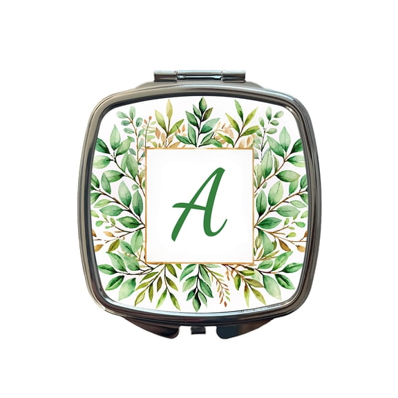 Letter A Initial Monogram Frame Leaf Travel Makeup Handbag Purse Small Pocket Compact Mirror