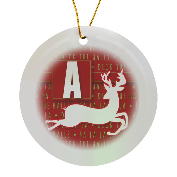 3drose, Letter a Monogram Christmas White Reindeer Deck the Halls Theme, Circle Porcelain Ornament