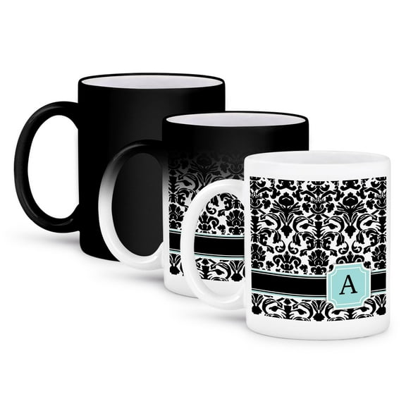 3dRose, Letter A personal monogrammed mint blue black and white damask pattern - classy personalized initial, 11oz Magic Transforming Mug