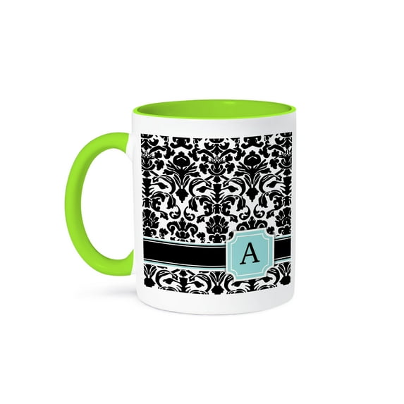 3dRose, Letter A personal monogrammed mint blue black and white damask pattern - classy personalized initial, 11oz Two-Tone Green Mug