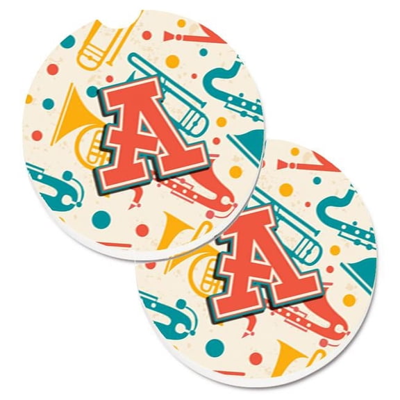 Letter A Retro Teal Orange Musical Instruments Initial Set of 2 Cup Holder Car Coaster