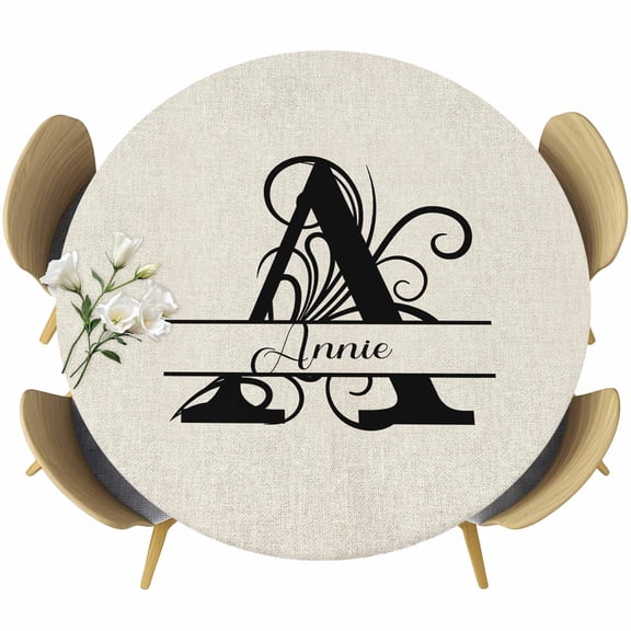 Letter A Table Cloth, Round Fitted Tablecloths with Elastic Edge, Monogram Words Wipeable Waterproof Table Cover for Kitchen Wedding 45-54 Inches