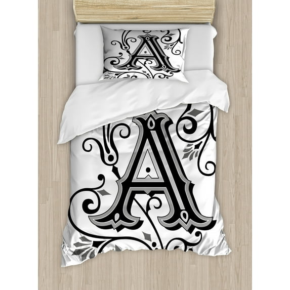 Letter A Twin Size Duvet Cover Set, Ornamental Pattern Uppercase A First Letter of the Alphabet Abstract Design, Decorative 2 Piece Bedding Set with 1 Pillow Sham, Black Grey White, by Ambesonne