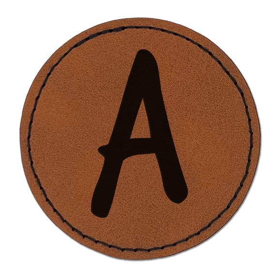 Letter A Uppercase Felt Marker Font 2.5" Faux Leather Round Engraved Iron-On Patch - Brown