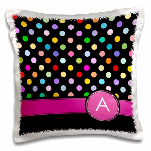 3dRose, Letter A monogrammed on rainbow polka dots pattern with hot pink personal initial - girly multicolor, 16x16 inch Pillow Case