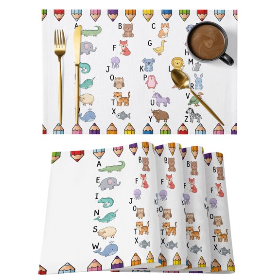 Letter Animals Cotton Linen Placemats Set of 1, Colored Pencils Dag Duck Bird Fish Mouse Washable Table Place Mats Heat Insulating Placemat for Dining Room Kitchen Daily Use 13 x 19 Inch