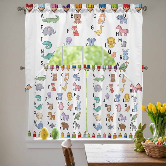 Letter Animals Swag Curtains Valance & Tier Set, Colored Pencils Dag Duck Bird Fish Mouse 3 Pcs Set Kitchen Swag Valances and Tiers 36 Inch Length Rod Pocket Curtain Drapes for Bedroom