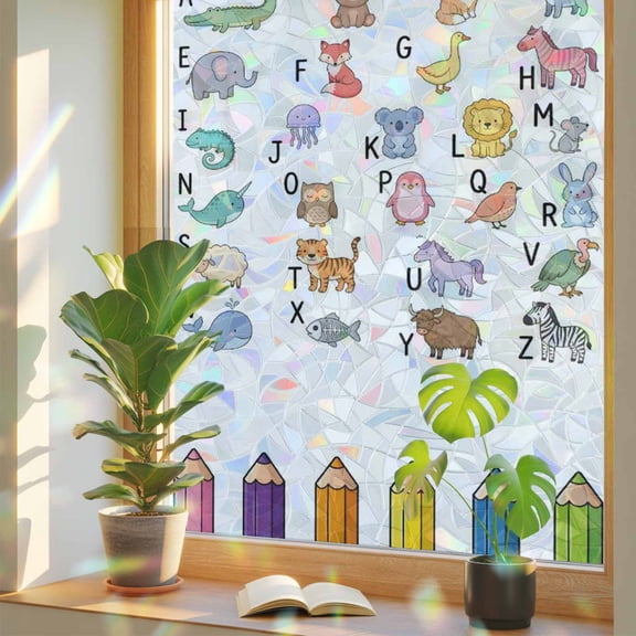 Letter Animals Window Privacy Film, Colored Pencils Dag Duck Bird Fish Mouse Stained Glass Rainbow Film Decorative Window Clings, Static Cling Sun Blocking Stickers 17.7" x 39.3"