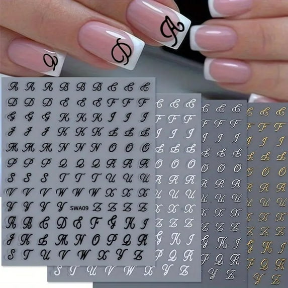 Letter Art Stickers 4Sheets Old English Letter Stickers 3D Self-Adhesive Bronzing Retro English Alphabet Art Decals Supplies Letter Sticker for Nails DIY Manicure Decoration Accessories SF1