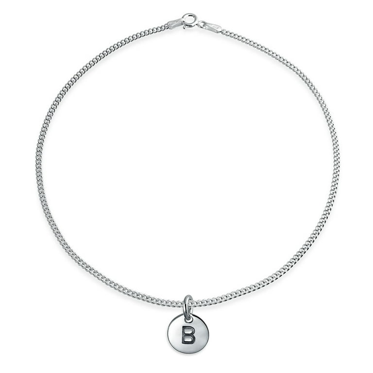 Letter B Block Alphabet Initial Disc Anklet .925 Sterling Silver