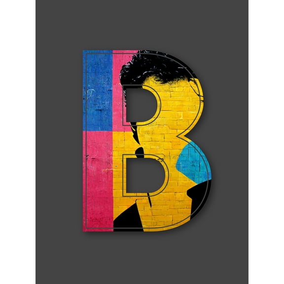 Letter B Bright Abstract Face Yellow Decorative Graffiti Mural Alphabet Initial Stencil Extra Large XL Wall Art Poster Print