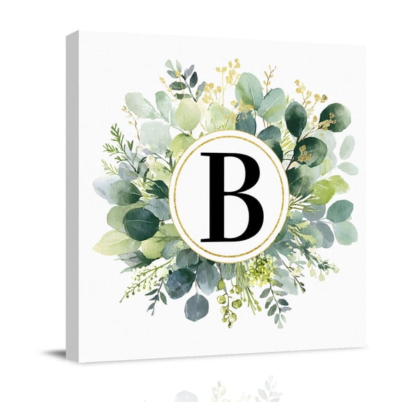 Letter B Canvas Wall Art for Living Room, Alphabet Green Eucalyptus Leaves Plant Simple Poster Print Painting for Bedroom Office Home Decoration Wall Pictures Prepare To Hang 8"x8"