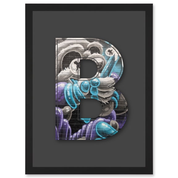 Letter B Crazy Panda Black White NYC Decorative Graffiti Mural Alphabet Initial Stencil Artwork Framed Wall Art Print A4
