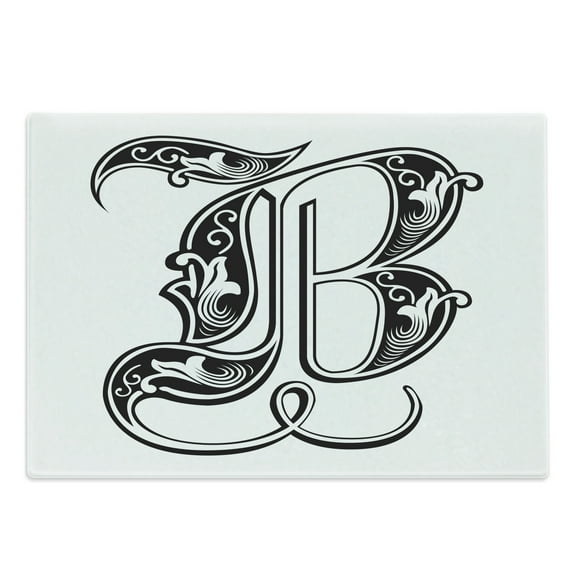 Letter B Cutting Board, Classical Designed Font with Ornamental Details Alphabet Typescript, Decorative Tempered Glass Cutting and Serving Board, Large Size, Black White, by Ambesonne
