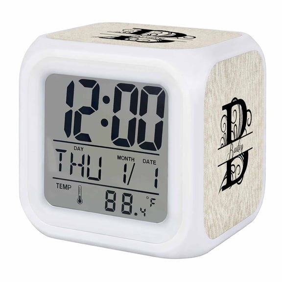 Letter B Digital Alarm Clock for Bedrooms, Smart LED Alarm Clock with 7 Color Changing Night Light, Monogram Words Silent Wake Up Clocks for Sleep Study Cooking 3.2"x3.2"