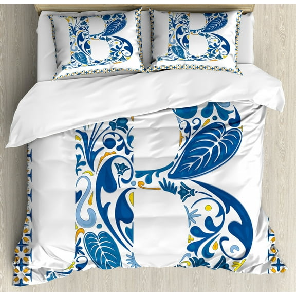 Letter B Duvet Cover Set King Size, European Art Elements Floral B Letter in Alphabet Natural Inspirations, Decorative 3 Piece Bedding Set with 2 Pillow Shams, Blue Yellow Orange, by Ambesonne