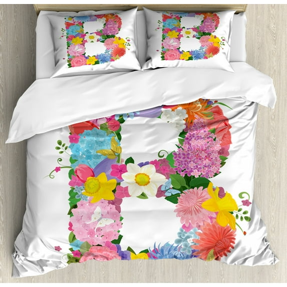 Letter B Duvet Cover Set King Size, Romantic ABC Sign with Fresh Spring Blossoms Colorful Feminine Alphabet Design, Decorative 3 Piece Bedding Set with 2 Pillow Shams, Multicolor, by Ambesonne