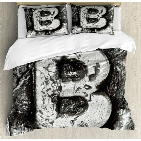 Letter B Duvet Cover Set King Size, Steel Aged B with Toned Cracks and Distressed Effects Ceramic Inspired Print, Decorative 3 Piece Bedding Set with 2 Pillow Shams, Silver Grey, by Ambesonne