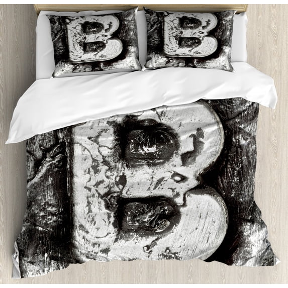 Letter B Duvet Cover Set Queen Size, Steel Aged B with Toned Cracks and Distressed Effects Ceramic Inspired Print, Decorative 3 Piece Bedding Set with 2 Pillow Shams, Silver Grey, by Ambesonne