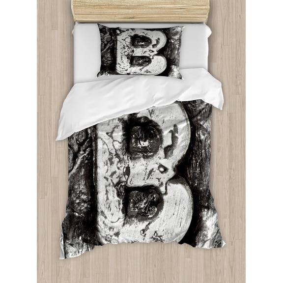 Letter B Duvet Cover Set Twin Size, Steel Aged B with Toned Cracks and Distressed Effects Ceramic Inspired Print, Decorative 2 Piece Bedding Set with 1 Pillow Sham, Silver Grey, by Ambesonne