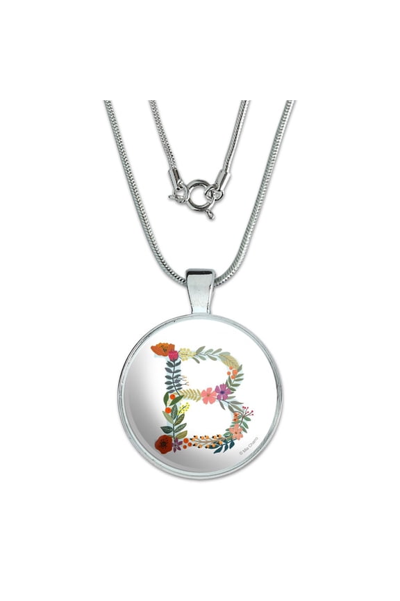 Letter B Floral Monogram Initial 1" Pendant with Sterling Silver Plated Chain