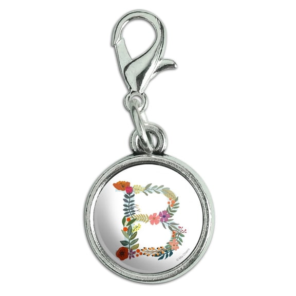 Letter B Floral Monogram Initial Antiqued Bracelet Pendant Zipper Pull Charm with Lobster Clasp