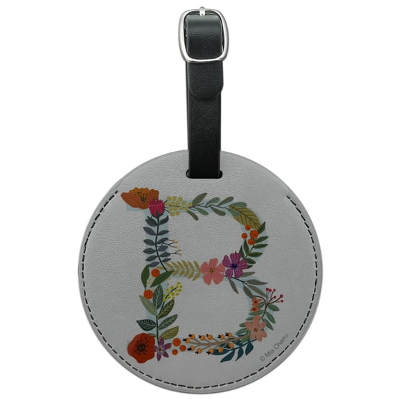 Letter B Floral Monogram Initial Round Leather Luggage Card Suitcase Carry-On ID Tag