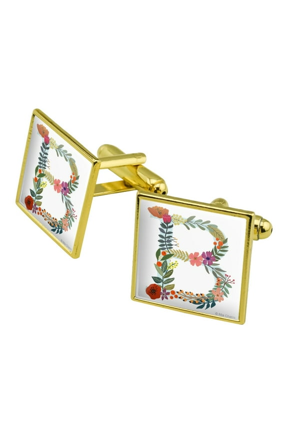 Letter B Floral Monogram Initial Square Cufflink Set - Silver or Gold