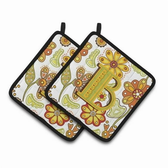 Letter B Floral Mustard and Green Pair of Pot Holders