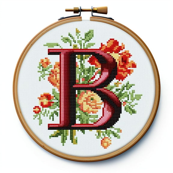 Letter B in Flowers Stamped Cross Stitch Kits for Beginners Easy with Hoop 11CT Needlepoint Embroidery DIY Counted Cross Stitch Kits Art Craft Wall Decor 35x35cm(1)