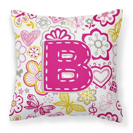 Letter B Flowers and Butterflies Pink Canvas Fabric Decorative Pillow CJ2005-BPW1414