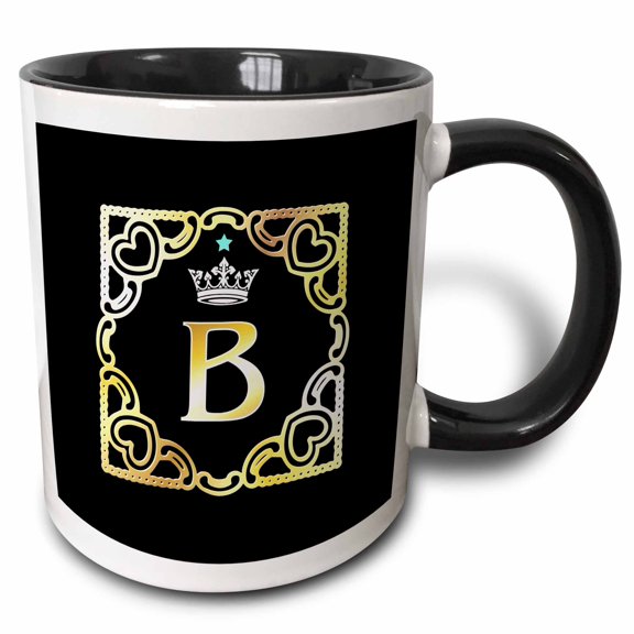 3drose, Letter B- Image of Monogram with Crown and Blue Star- Not Metal Foil, 11oz Two-tone Black Mug
