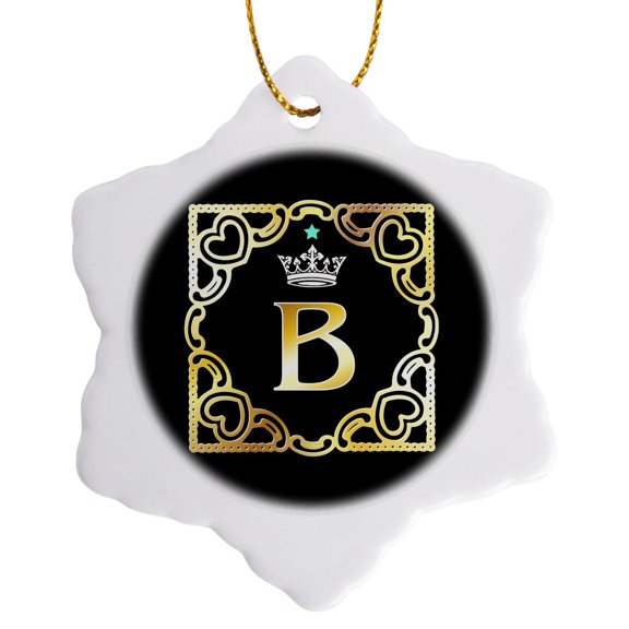 3drose, Letter B- Image of Monogram with Crown and Blue Star- Not Metal Foil, 3 inch Snowflake Porcelain Ornament