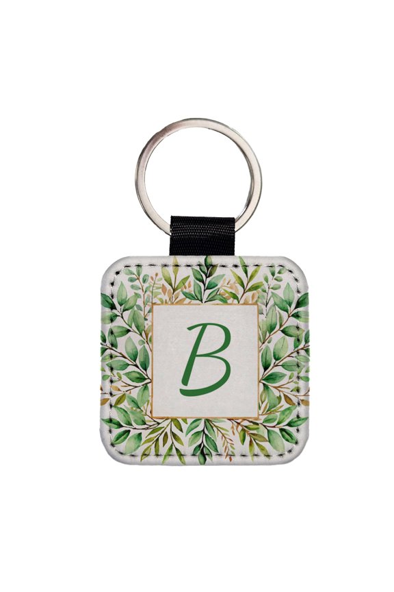 Letter B Initial Monogram Frame Leaf Faux Leather Square Keychain