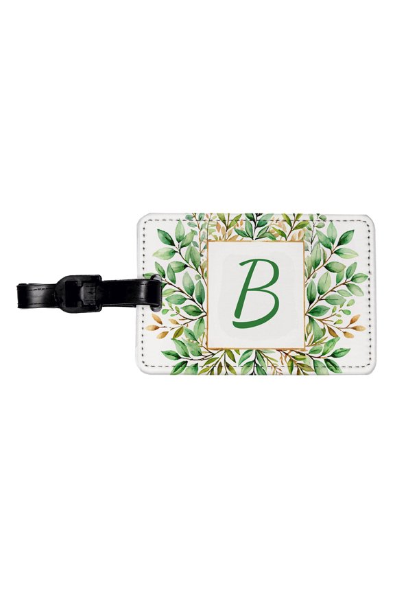 Letter B Initial Monogram Frame Leaf Faux Leather Travel Luggage Tag