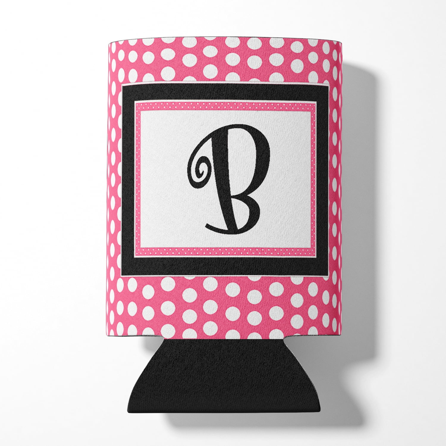 Letter B Initial Monogram - Pink Black Polka Dots Can or Bottle Beverage Insulator Hugger
