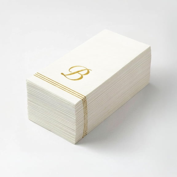 Letter B Linen-Feel Guest Towel Napkins, Gold Letter B, Cursive Font, Disposable Airlaid White Paper Napkins For Dinner Party Tables, Weddings, and Bathrooms, 50-pack, 4 x 8.5 inch (Cursive)