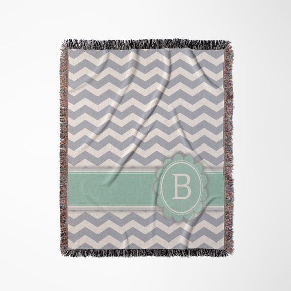 Letter B Monogram On Grey And White Chevron With Mint - Gray Zigzags - Personal Initial Zig Zags, Woven Blanket