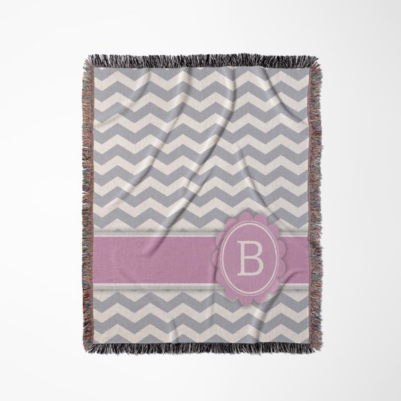 Letter B Monogrammed On Grey And White Chevron With Pink - Gray Zigzags - Personal Initial Zig Zags, Woven Blanket