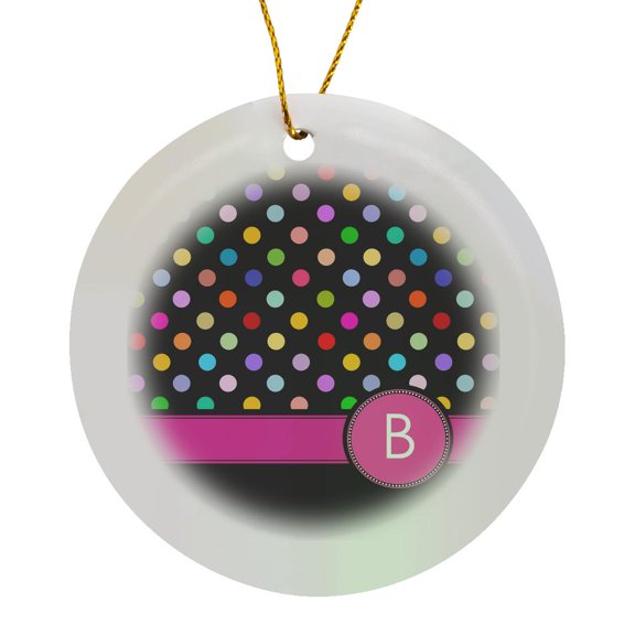 3drose, Letter B Monogrammed on Rainbow Polka Dots Pattern with Hot Pink Personal Initial - Black Multicolor, Circle Porcelain Ornament