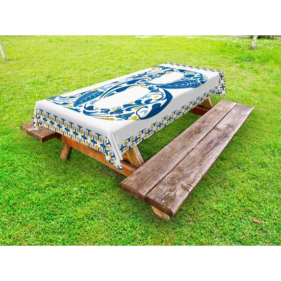 Letter B Outdoor Tablecloth, European Art Elements Floral B Letter in Alphabet Natural Inspirations, Decorative Washable Fabric Picnic Table Cloth, 58 X 84 Inches,Blue Yellow Orange, by Ambesonne