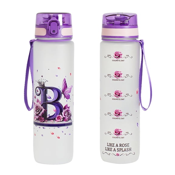 Letter B Plastic Water Bottle, 1L Alphabet Print Pop Up Lid Tumbler, ABC Name Cup For Sports Gym