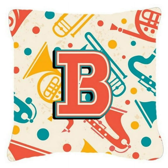 Letter B Retro Teal Orange Musical Instruments Initial Canvas Fabric Decorative Pillow